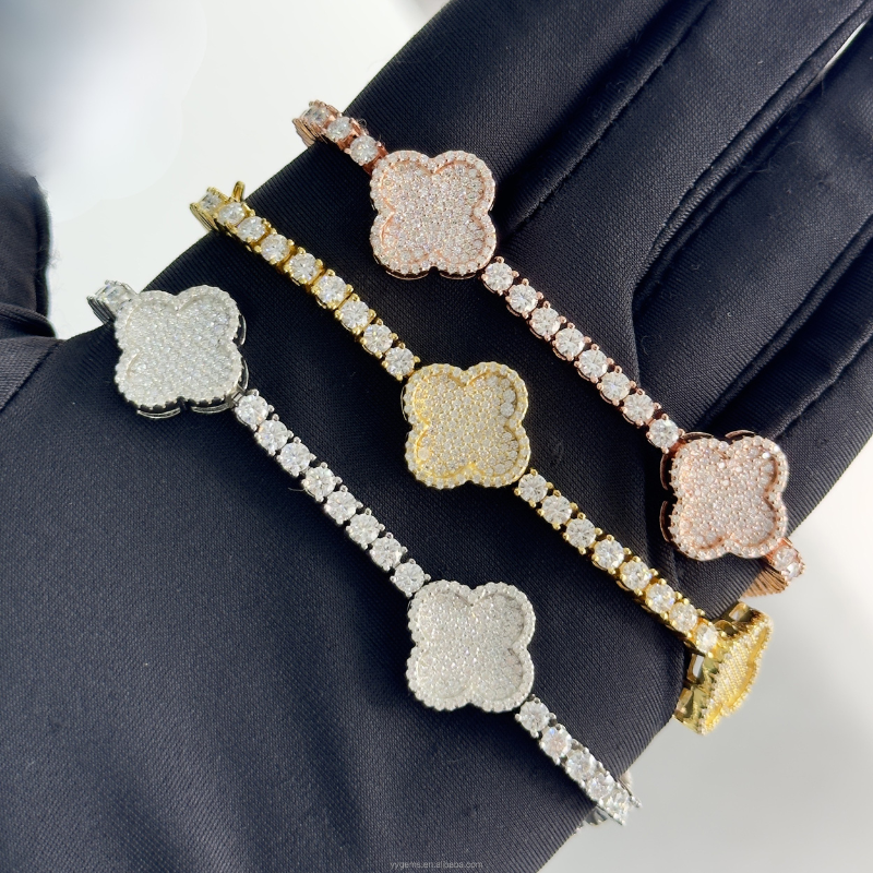 3mm Four Leaf Clover Bracelet Moissanite Diamond Silver Set of 2