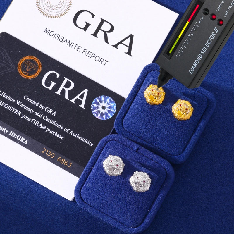 Lion Head Stud Earrings Solid 925 Sterling Silver Moissanite Earrings