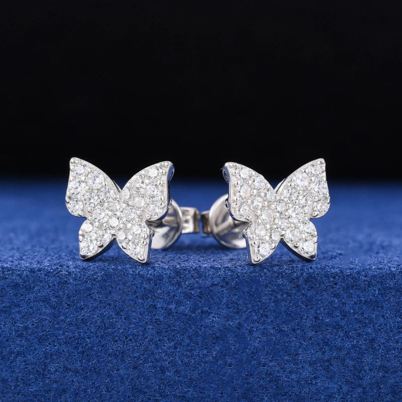 Mini Butterfly Stud Earrings 925 Sterling Silver Iced Out Moissanite