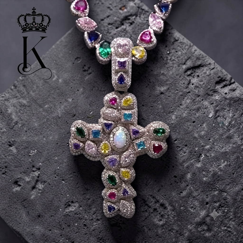 Multi-Gemstone Iced-Out Cross Pendant 925 Silver Moissanite Kings Fantastic Jewelry