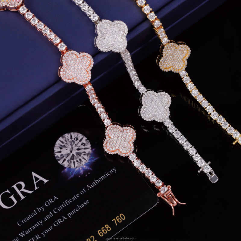 3mm Four Leaf Clover Bracelet Moissanite Diamond Silver Set of 2