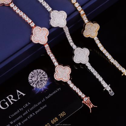 3mm Four Leaf Clover Bracelet Moissanite Diamond Silver Set of 2