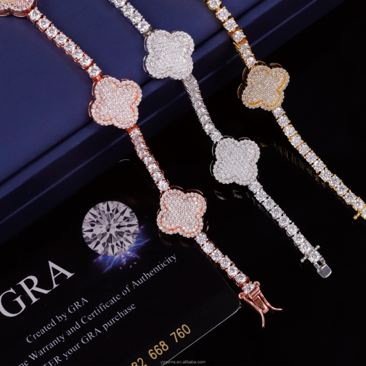 3mm Four Leaf Clover Bracelet Moissanite Diamond Silver Set of 2