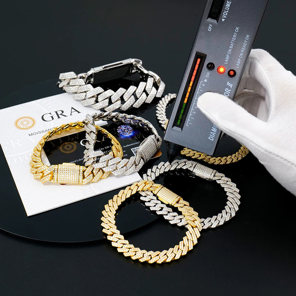 Luxury Sterling Silver Iced Out Moissanite Cuban Link Chain Bracelet