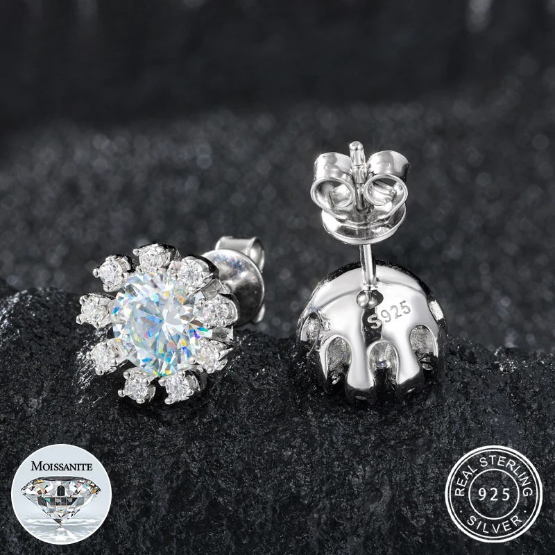 1CT Moissanite Diamond Halo Sunflower Stud Earrings Sterling Silver