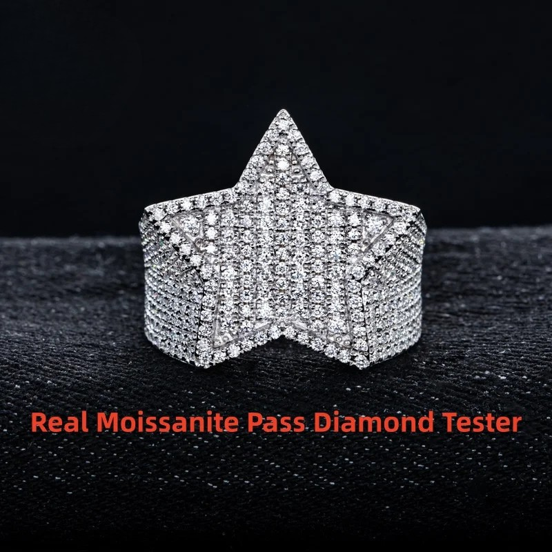 Moissanite Iced Out Pentagram Ring Sterling Silver Star Ring