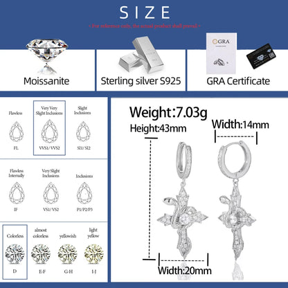 D VVS Moissanite Sterling Silver Arrow Cross Hoop Drop Earrings