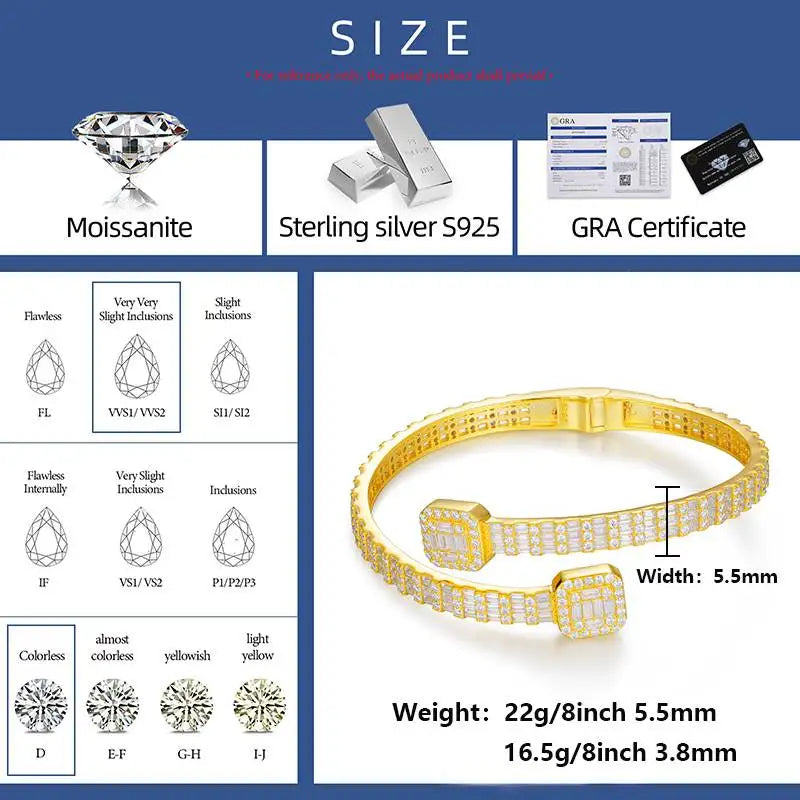 Silver Iced Out Baguettes Moissanite Bracelet Bangles