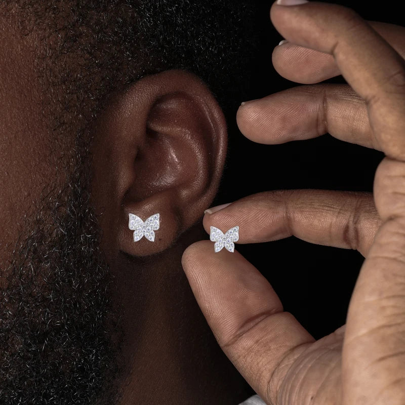 Mini Butterfly Stud Earrings 925 Sterling Silver Iced Out Moissanite