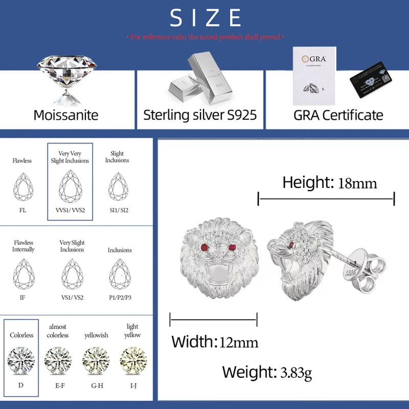 Lion Head Stud Earrings Solid 925 Sterling Silver Moissanite Earrings