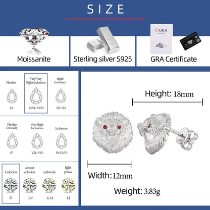 Lion Head Stud Earrings Solid 925 Sterling Silver Moissanite Earrings
