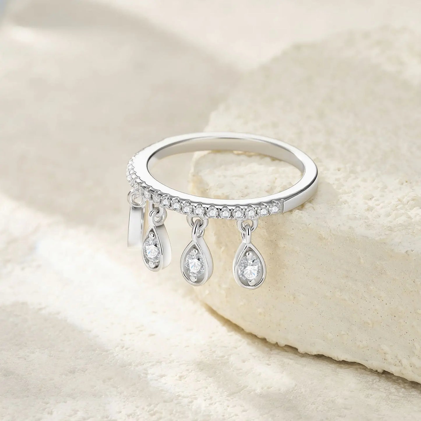 Tassel Ring 925 Sterling Silver WaterDrop Dangle Diamond Wedding Band