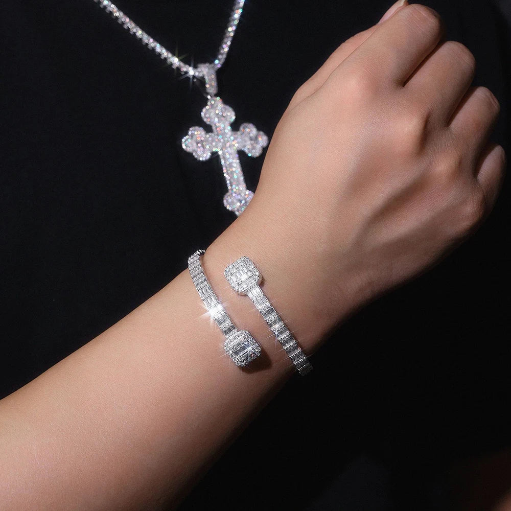 Full Moissanite Cuff Bangle S925 Silver Bracelet