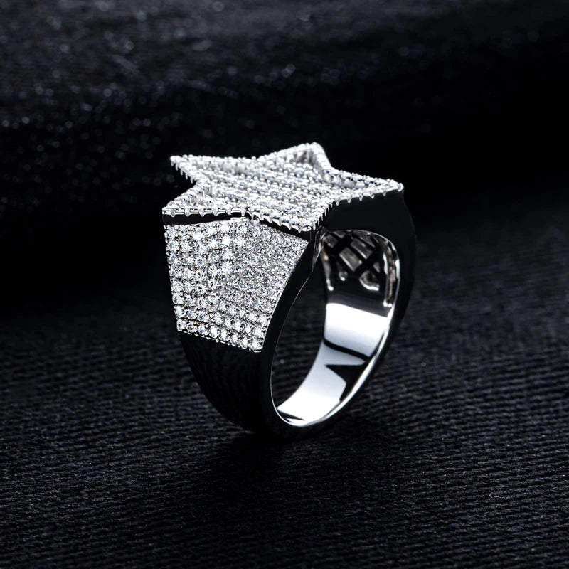 Moissanite Iced Out Pentagram Ring Sterling Silver Star Ring