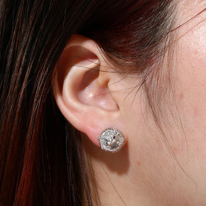 Lion Head Stud Earrings Solid 925 Sterling Silver Moissanite Earrings