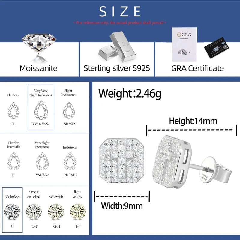 Moissanite Diamond Cross Stud Earrings Sterling Silver Earrings