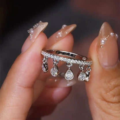 Tassel Ring 925 Sterling Silver WaterDrop Dangle Diamond Wedding Band