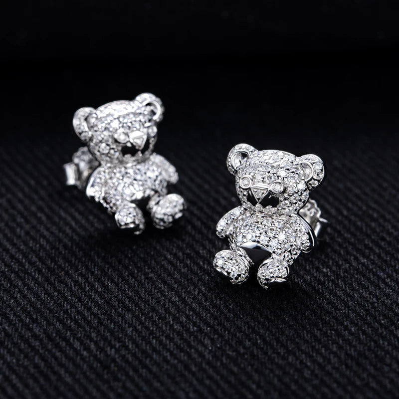 D Color Moissanite Iced Out Bear Stud Earrings Sterling Silver