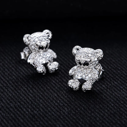 D Color Moissanite Iced Out Bear Stud Earrings Sterling Silver