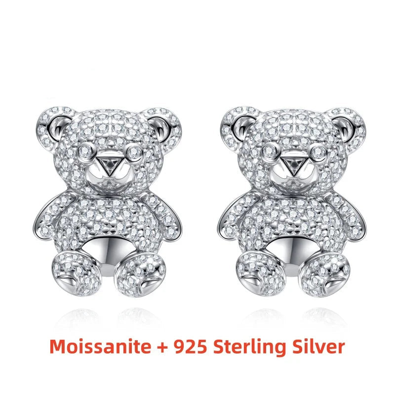D Color Moissanite Iced Out Bear Stud Earrings Sterling Silver