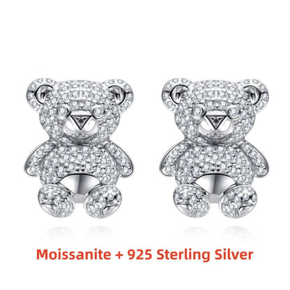 D Color Moissanite Iced Out Bear Stud Earrings Sterling Silver