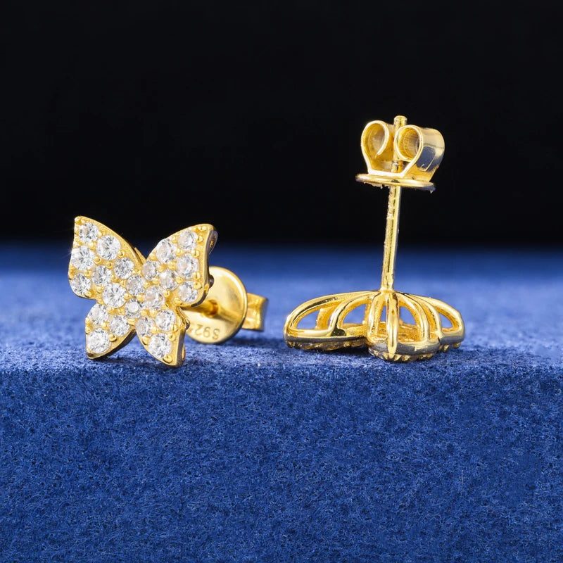 Mini Butterfly Stud Earrings 925 Sterling Silver Iced Out Moissanite