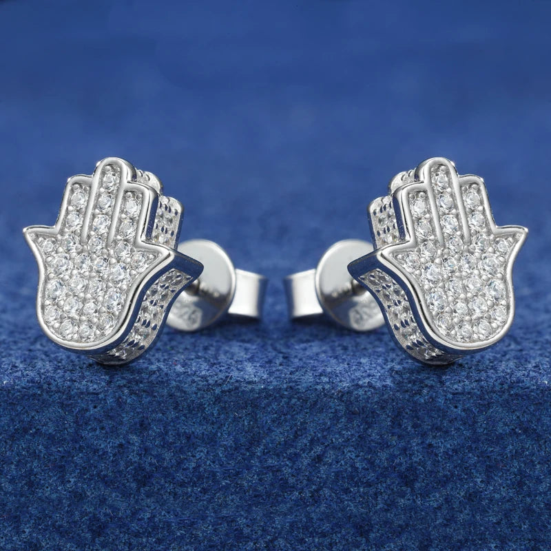 Real Moissanite Sterling Silver Fatima Hamsa Hands Stud Earrings