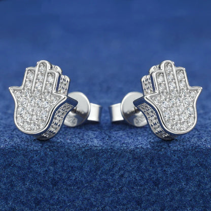 Real Moissanite Sterling Silver Fatima Hamsa Hands Stud Earrings