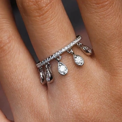 Tassel Ring 925 Sterling Silver WaterDrop Dangle Diamond Wedding Band