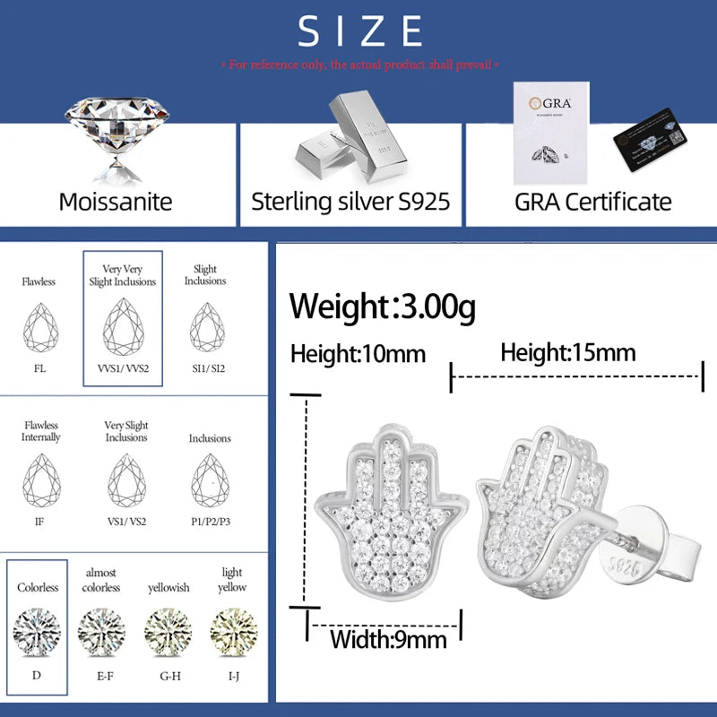 Real Moissanite Sterling Silver Fatima Hamsa Hands Stud Earrings