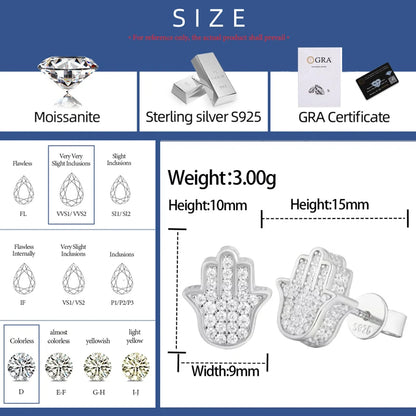Real Moissanite Sterling Silver Fatima Hamsa Hands Stud Earrings