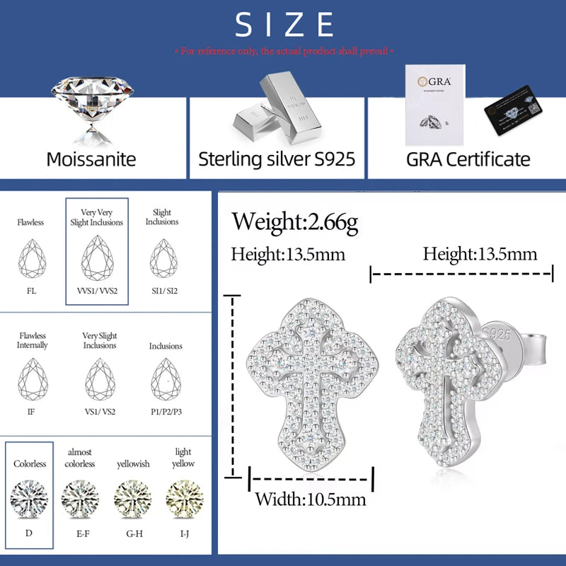 Moissanite Cross Stud Earrings 925 Sterling Silver Religious Jewelry