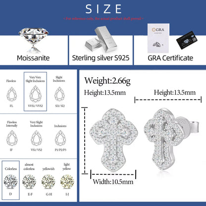 Moissanite Cross Stud Earrings 925 Sterling Silver Religious Jewelry
