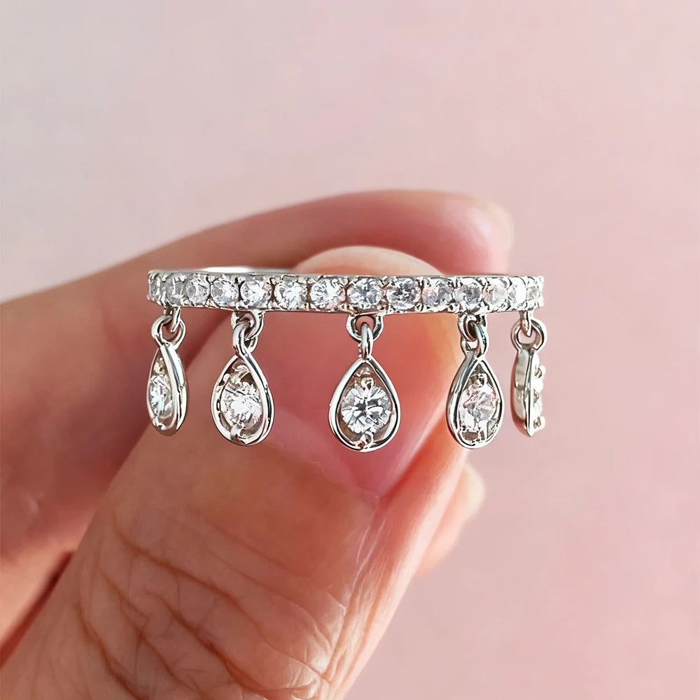 Tassel Ring 925 Sterling Silver WaterDrop Dangle Diamond Wedding Band