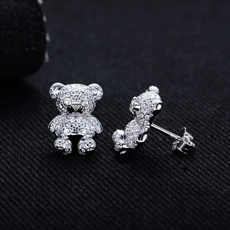 D Color Moissanite Iced Out Bear Stud Earrings Sterling Silver