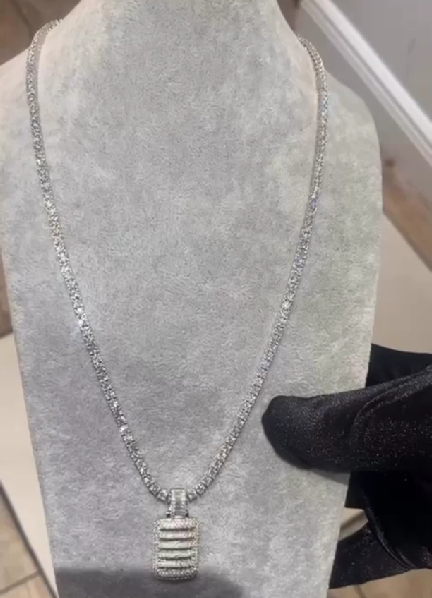 Sterling Silver Moissanite Baguette Pendant Iced Out Tennis Chain Set