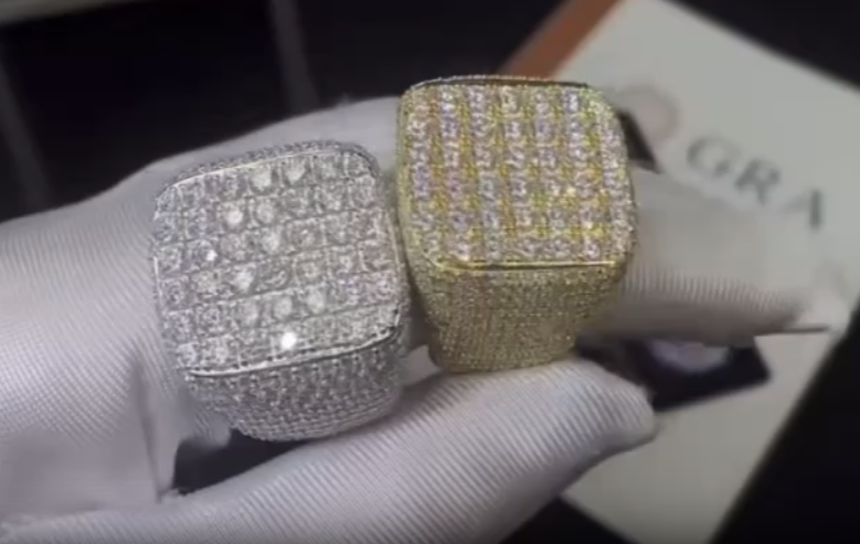 Men’s Iced Out Square Ring – White Gold & Yellow Gold Moissanite Hip Hop Statement Ring