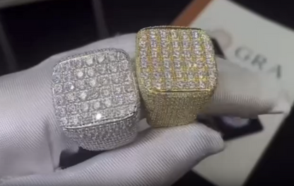 Men’s Iced Out Square Ring – White Gold & Yellow Gold Moissanite Hip Hop Statement Ring