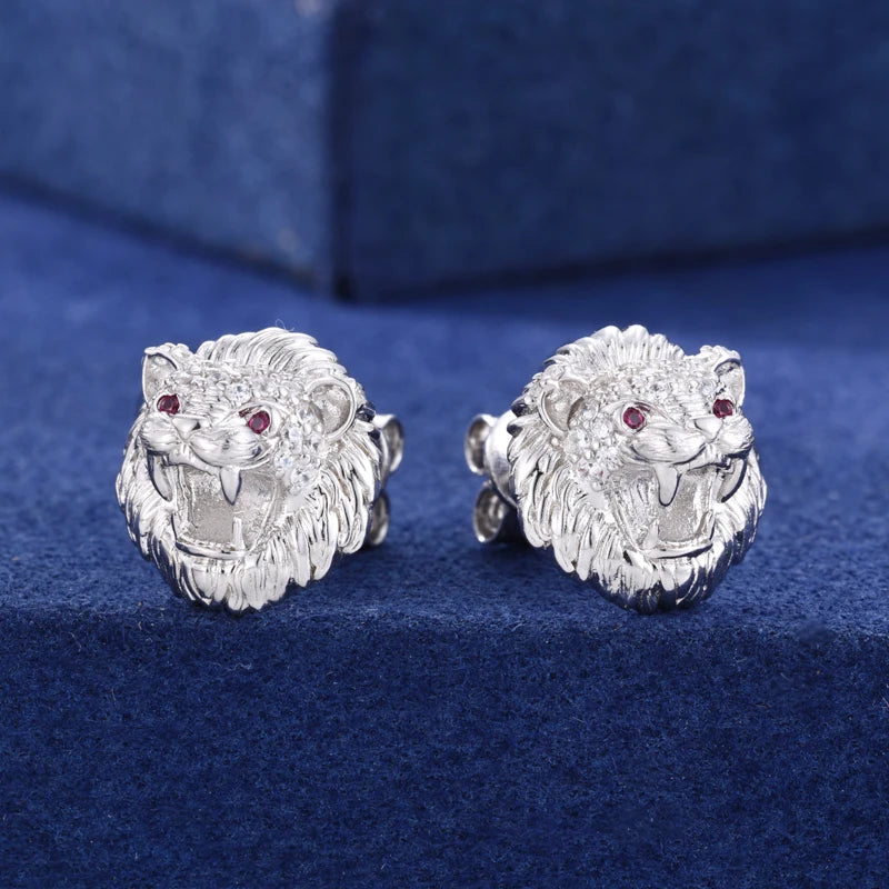 Lion Head Stud Earrings Solid 925 Sterling Silver Moissanite Earrings