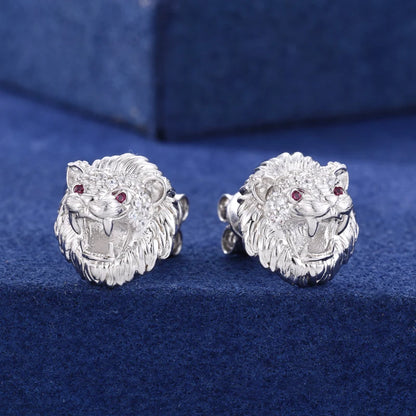 Lion Head Stud Earrings Solid 925 Sterling Silver Moissanite Earrings