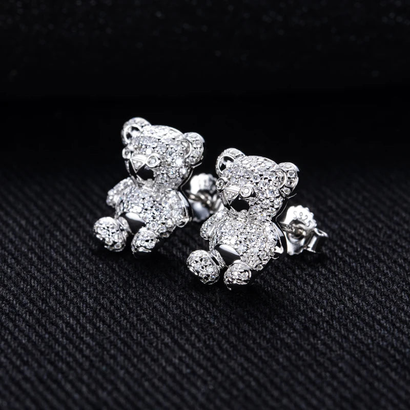 D Color Moissanite Iced Out Bear Stud Earrings Sterling Silver