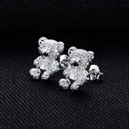 D Color Moissanite Iced Out Bear Stud Earrings Sterling Silver