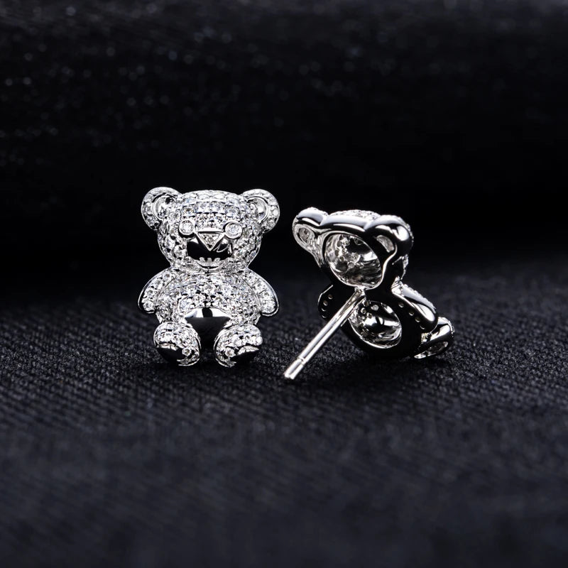 D Color Moissanite Iced Out Bear Stud Earrings Sterling Silver