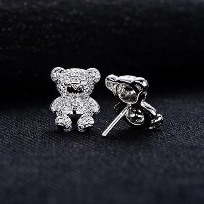 D Color Moissanite Iced Out Bear Stud Earrings Sterling Silver
