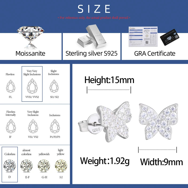 Mini Butterfly Stud Earrings 925 Sterling Silver Iced Out Moissanite