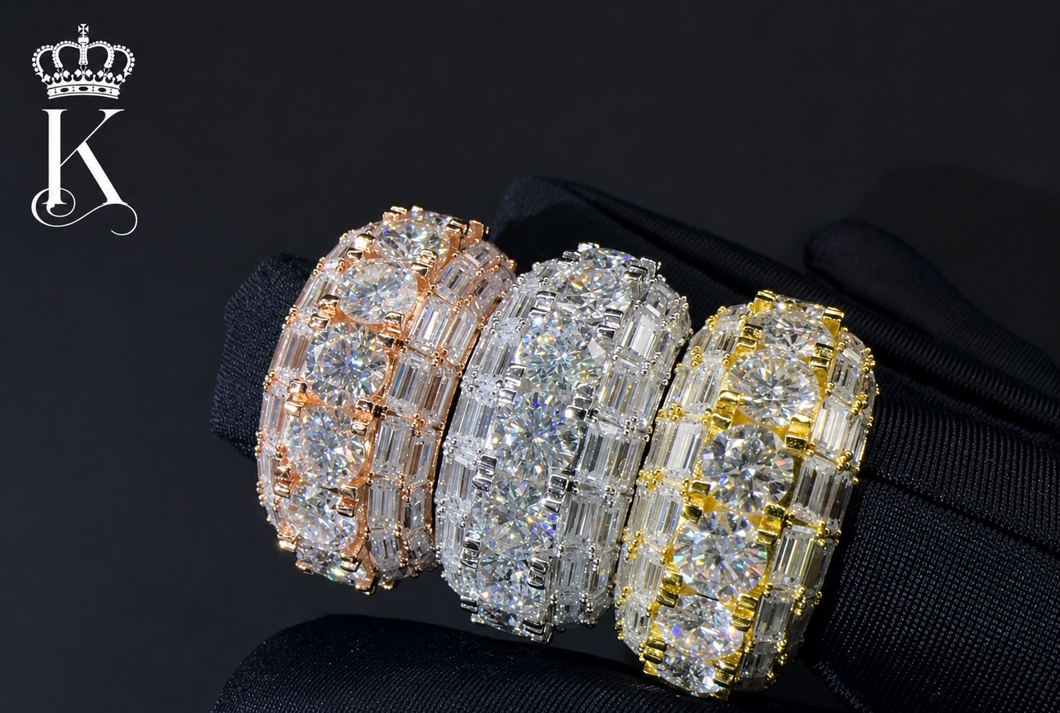 Fantastic Jewelry Department luxury eternity rings in rose gold, silver, and gold with round and baguette-cut stones.