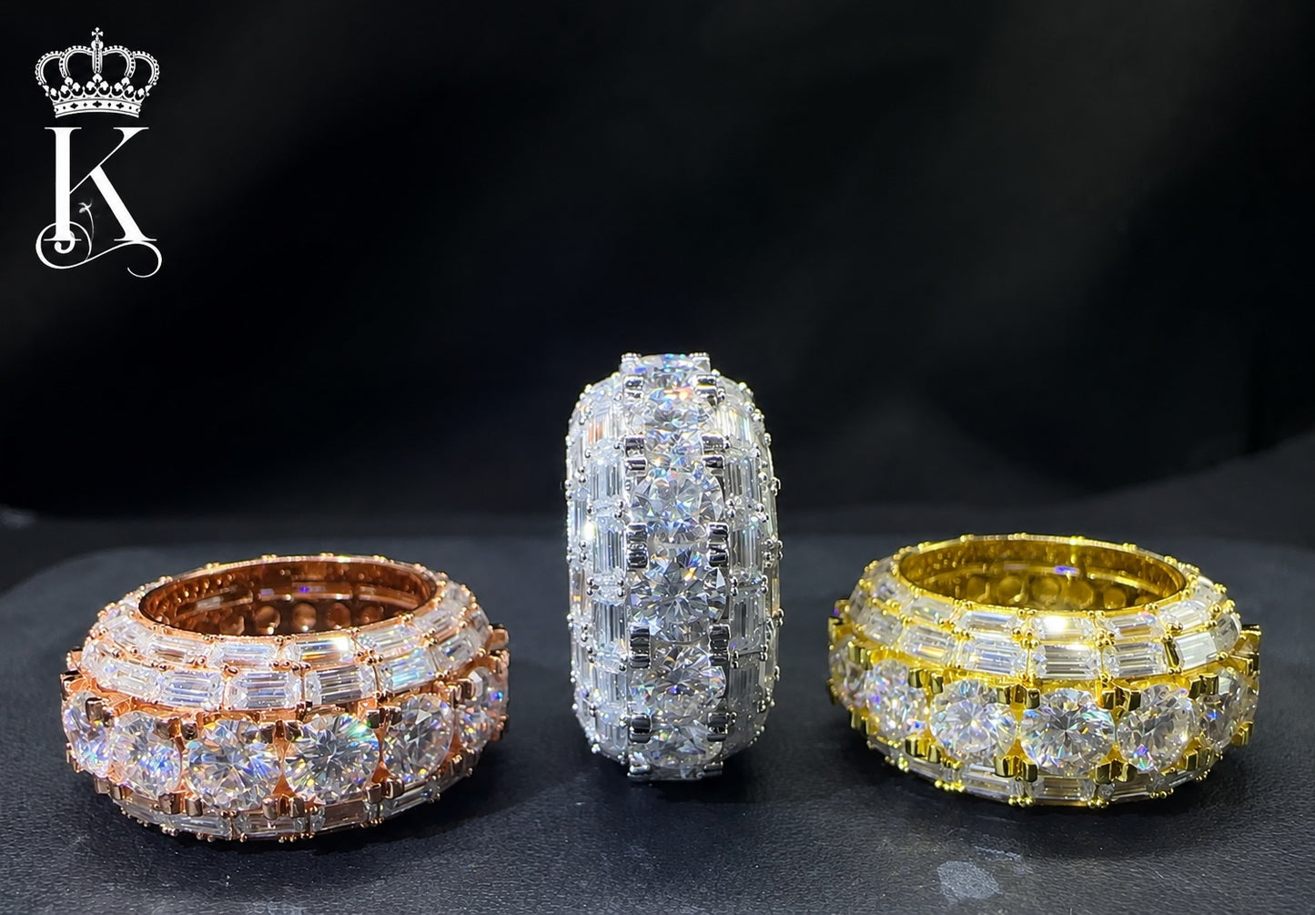 Fantastic Jewelry Department luxury eternity bands in rose gold, silver, and gold with round and baguette-cut stones.