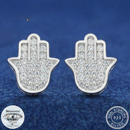 Real Moissanite Sterling Silver Fatima Hamsa Hands Stud Earrings