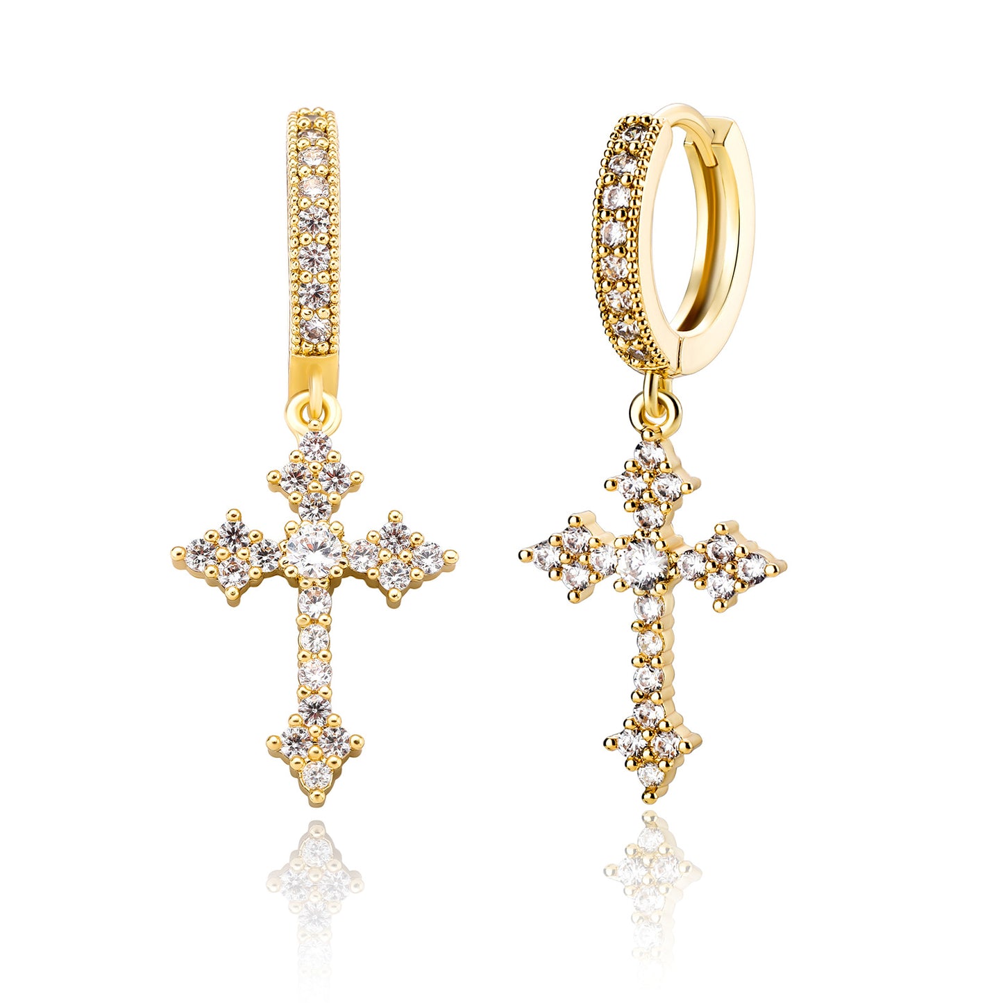 Gold cross earrings with clear stones on a white background