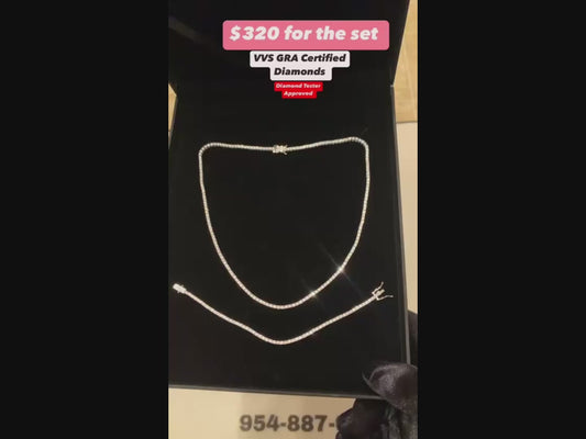 2mm Moissanite Sterling Silver Tennis Chain Necklace and Bracelet Set
